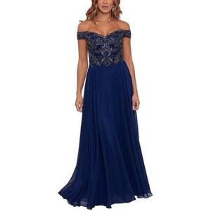 Xscape Women's Navy Off-Shoulder Beaded Formal Gown Size 10 – New With Tags